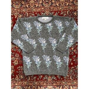 Vintage Womens Birdseye Knit Sweater Floral Pastel USA Kate Collins Sz L 80s 90s